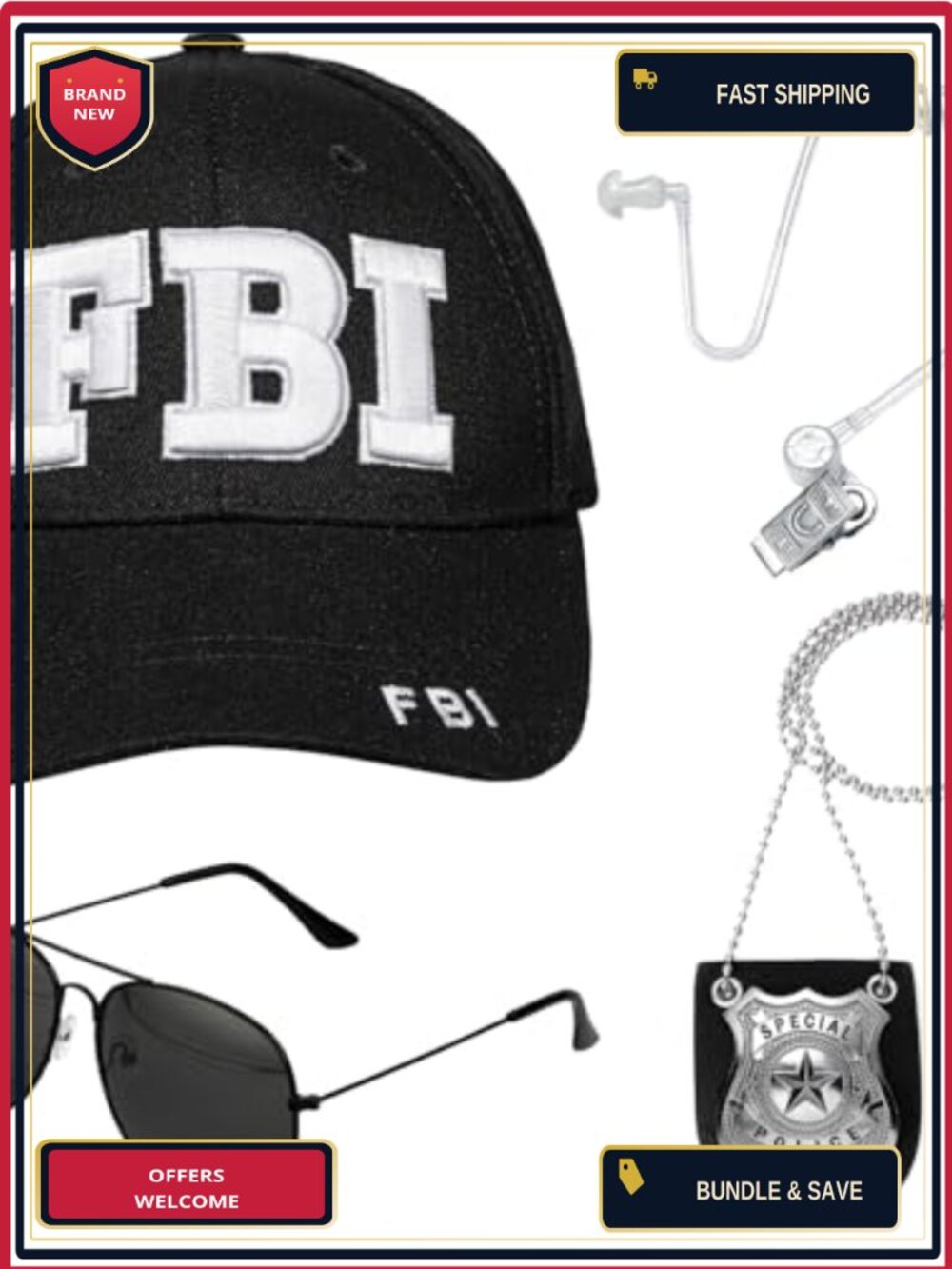 FBI Costume Accessories Set Adjustable Baseball Cap Cop Badge Earpiece